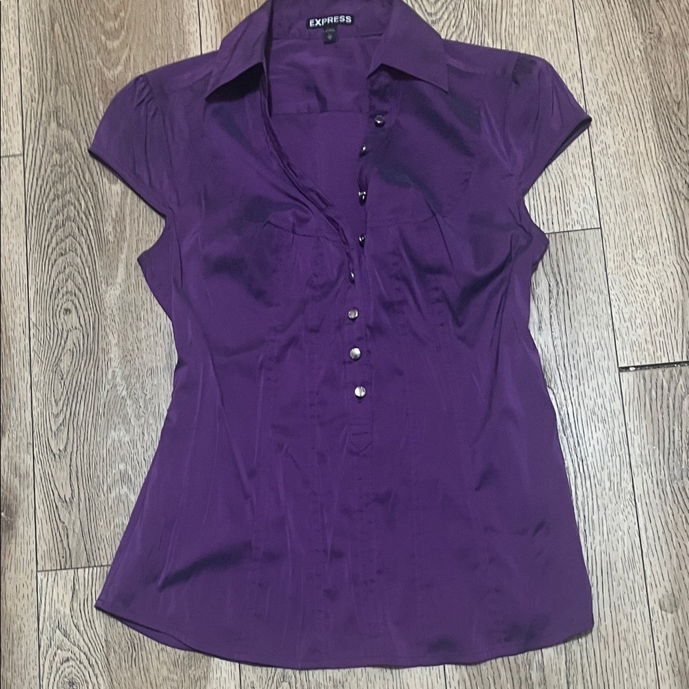 Express Purple Cap-Sleeve Button Front Blouse